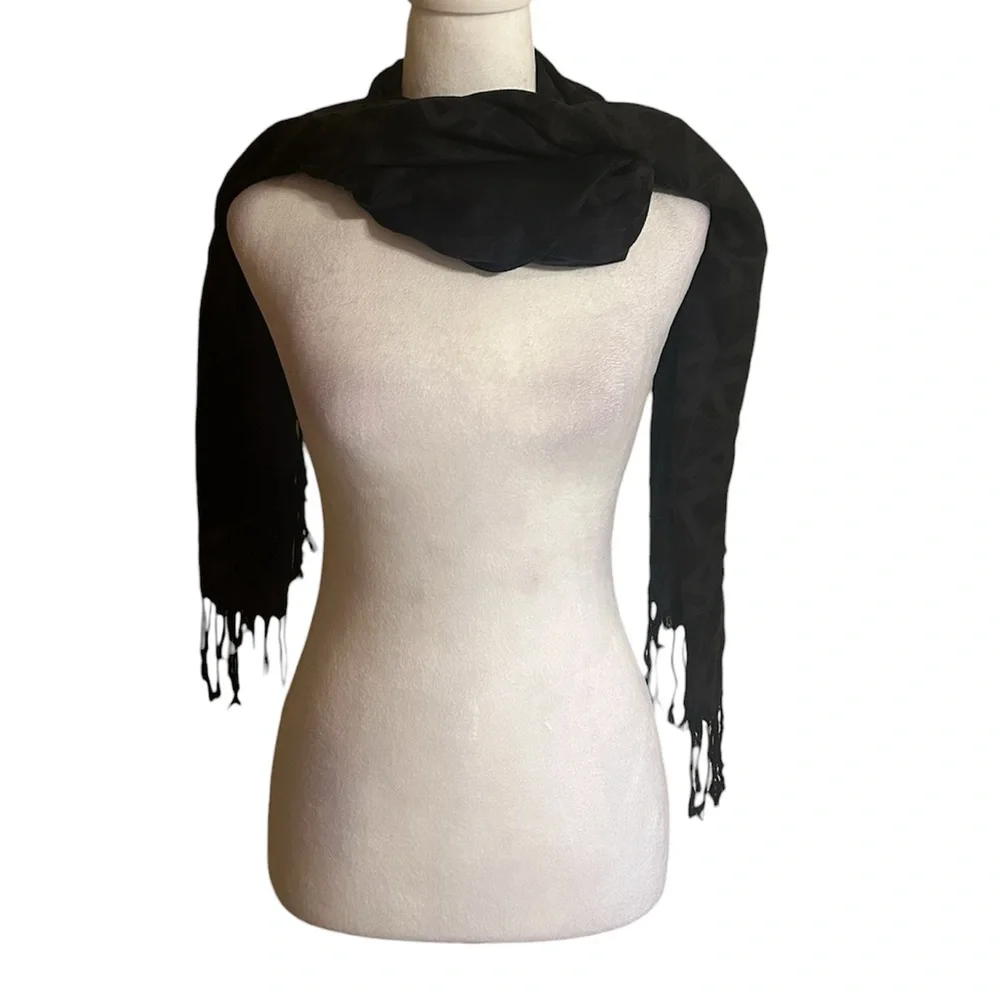 Anne Klein Black Logo Jacquard Fringe Scarf Wrap